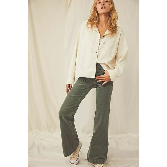 MNG Mango Sage Green Retro Style Corduroy Flare Leg Pants Size 10 - Picture 1 of 7